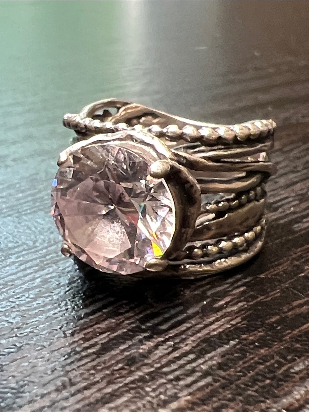 Vintage Textured Brutalist Sterling Silver Chunky CZ Diamond Wide Band Ring